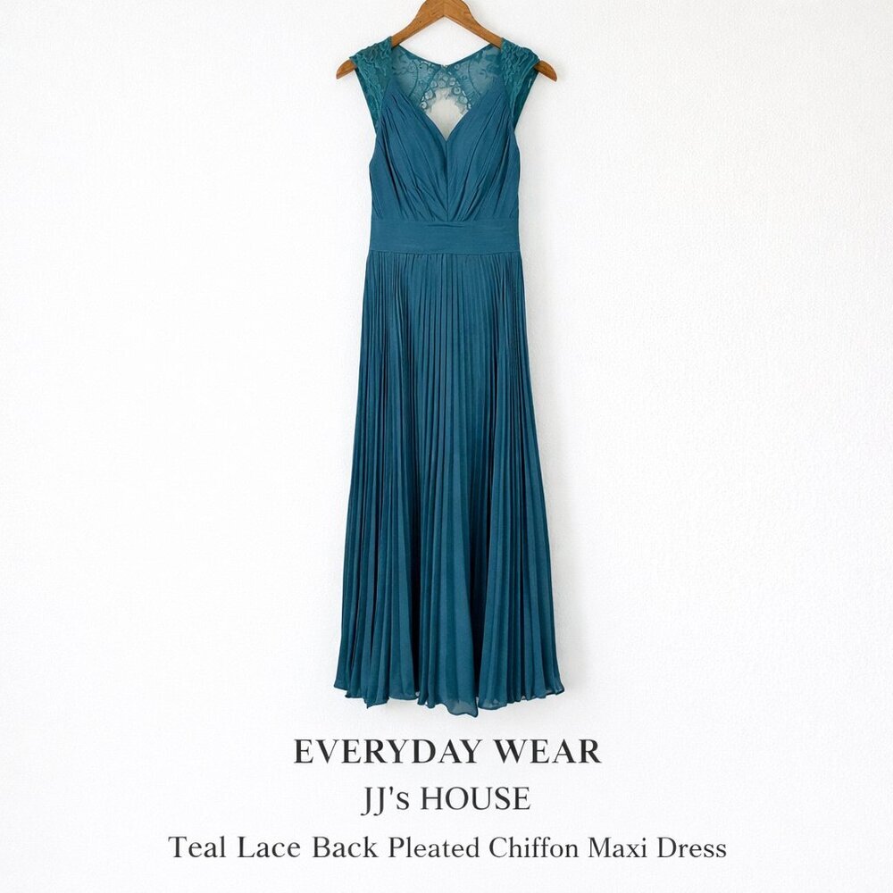 JJ’s House Teal Lace Back Pleated Chiffon Maxi Dress Formal Small